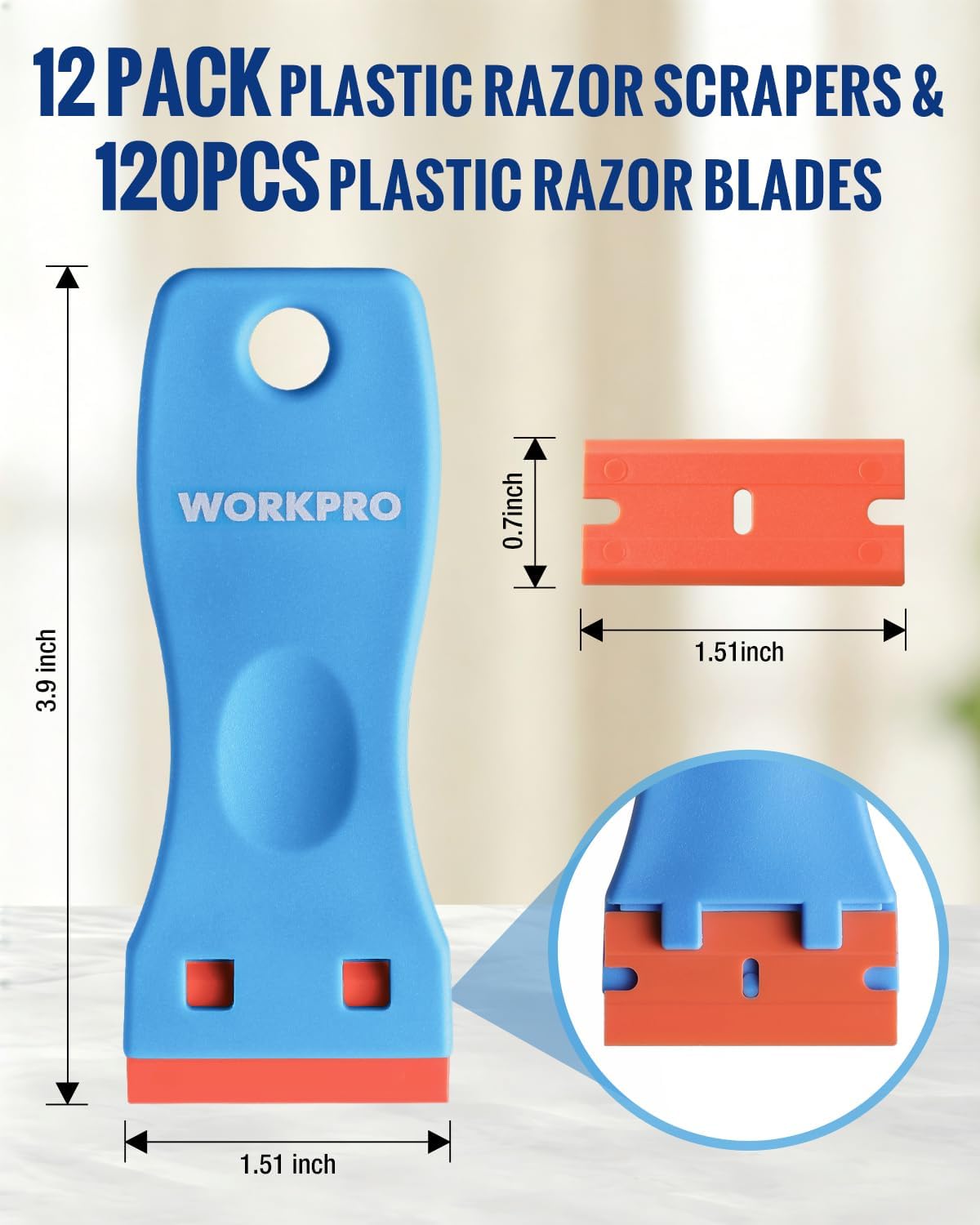 Blue plastic razor scraper handle with orange blade cartridge for removing stickers