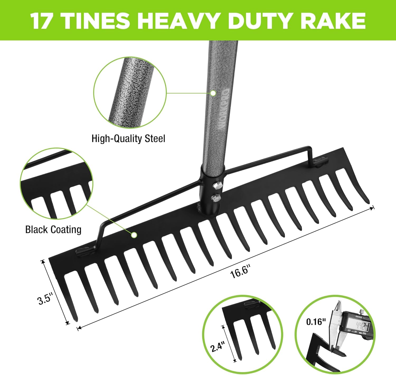 17-tine bow rake head with black coating and gray steel handle
