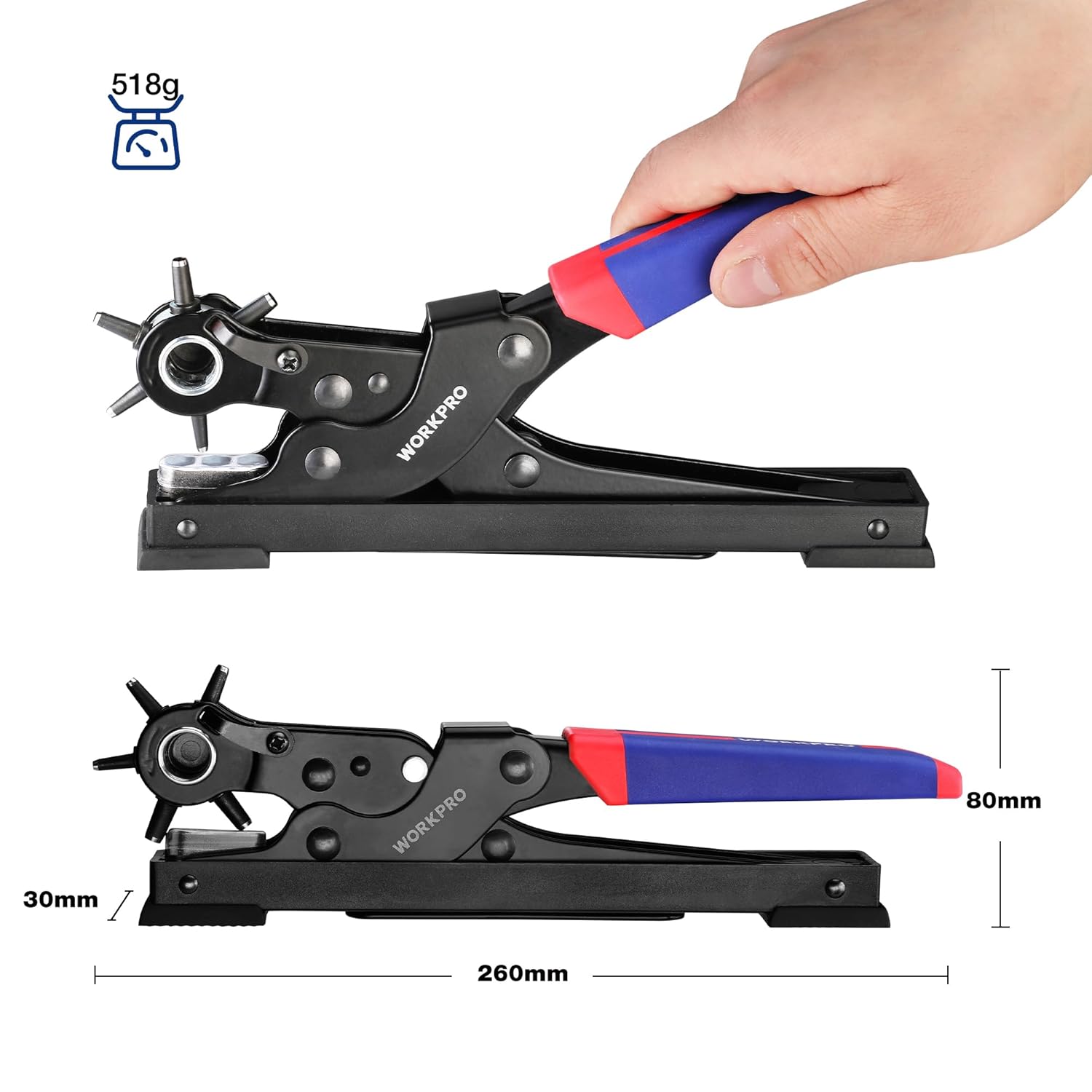 WORKPRO rotary belt hole puncher tool with black base and blue/red handle