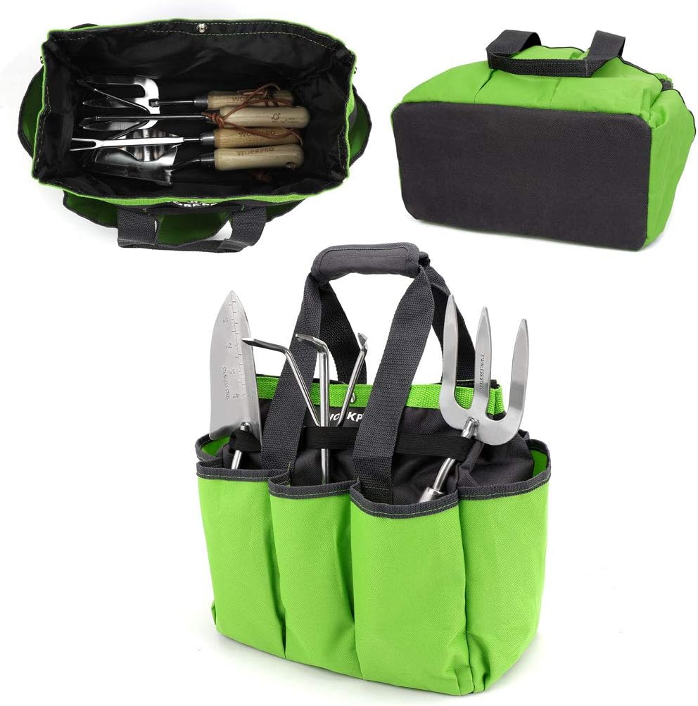 WORKPRO green and black garden tool bag, shown open with tools stored in organizer pockets