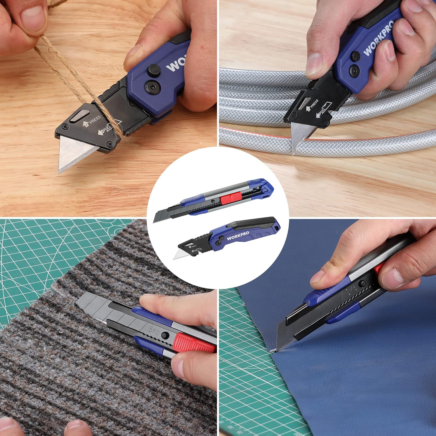 WORKPRO utility knife cutting material; blue handle with exposed triangular blade