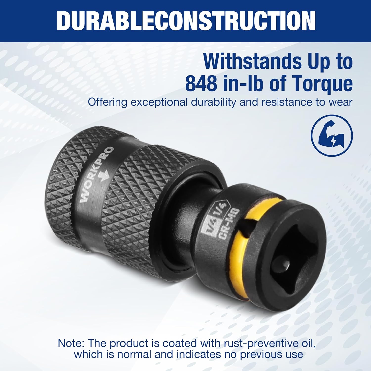 Durable impact socket adapter, black finish with yellow ring, 1/4in hex drive opening