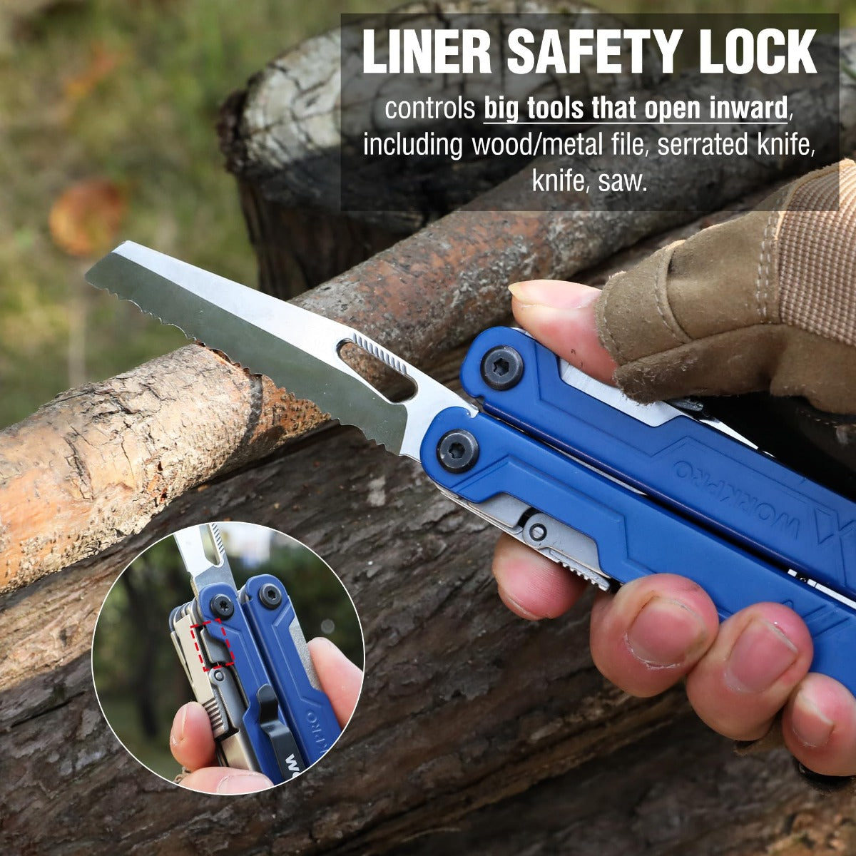 Blue multi-tool pliers with finger grip and visible safety lock mechanism