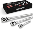 WORKPRO 3-Piece Low-Profile Drive Ratchet, 1/4", 3/8", 1/2" 90-Tooth Quick-Release Ratchet Wrench, Reversible, 4° Swing, CR-MO Compact Drive Head, Full Polished, Gifts for Men