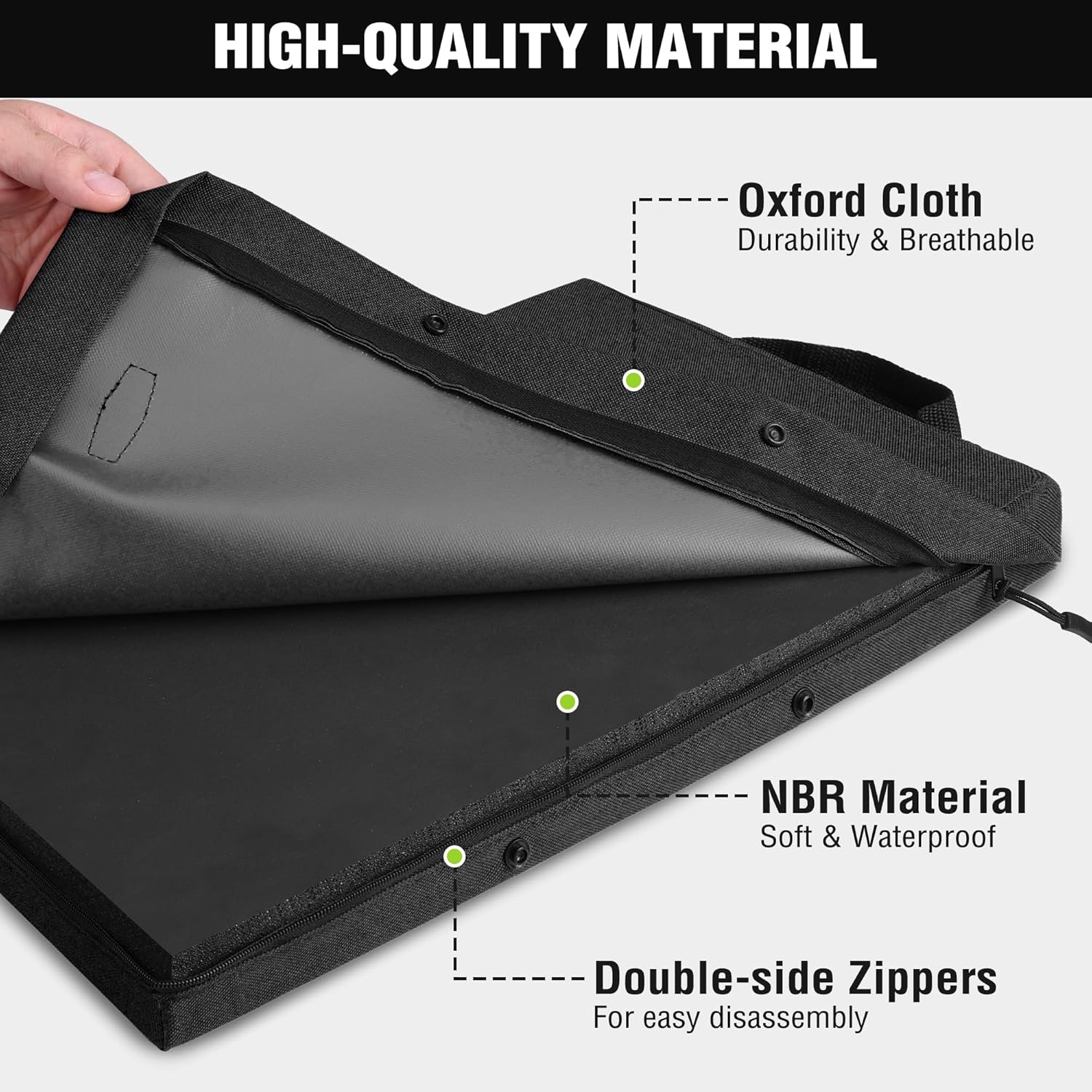 Black kneeling pad with Oxford cloth cover, double-sided zippers and NBR foam