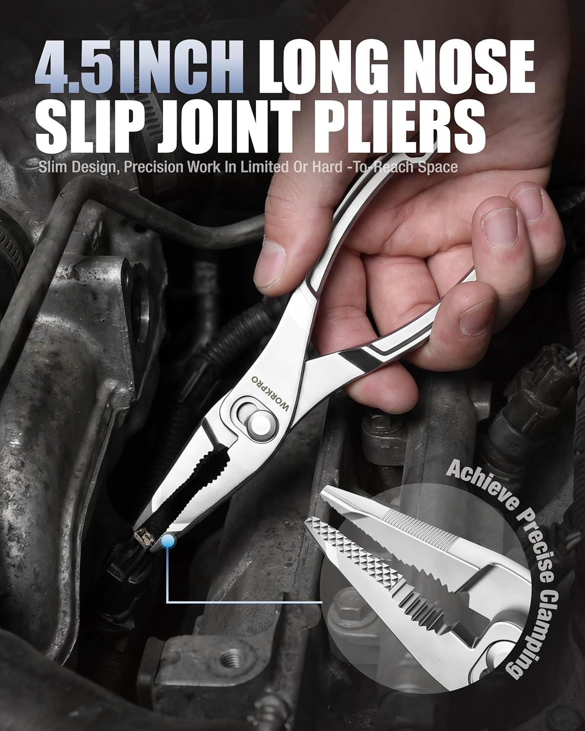 4.5-inch long nose slip joint pliers with slim jaws and pivot point, hand holding