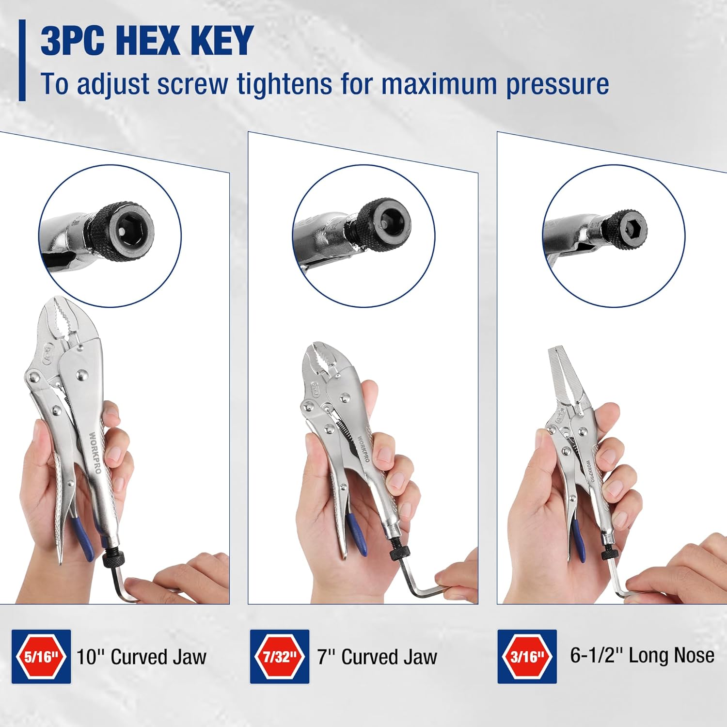 Curved-jaw locking pliers set with hex key holes and long nose vice grips, plus Allen keys
