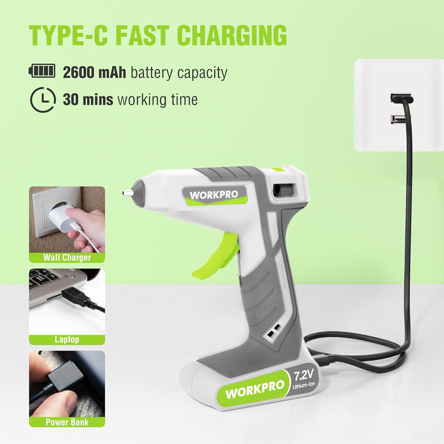 Cordless hot glue gun with Type-C charging cable and green 7.2V label