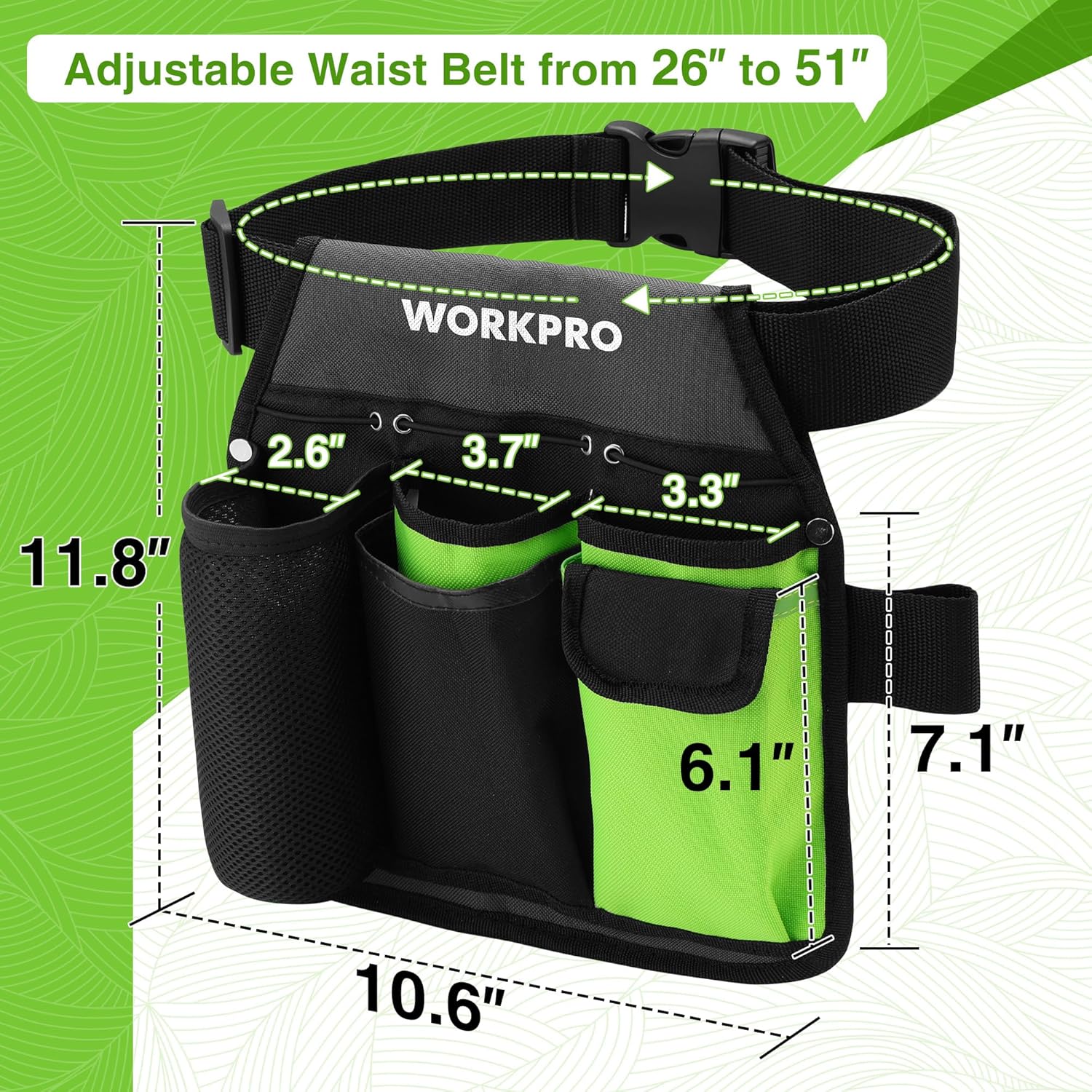 Black and green adjustable waist tool belt with multiple exterior pockets