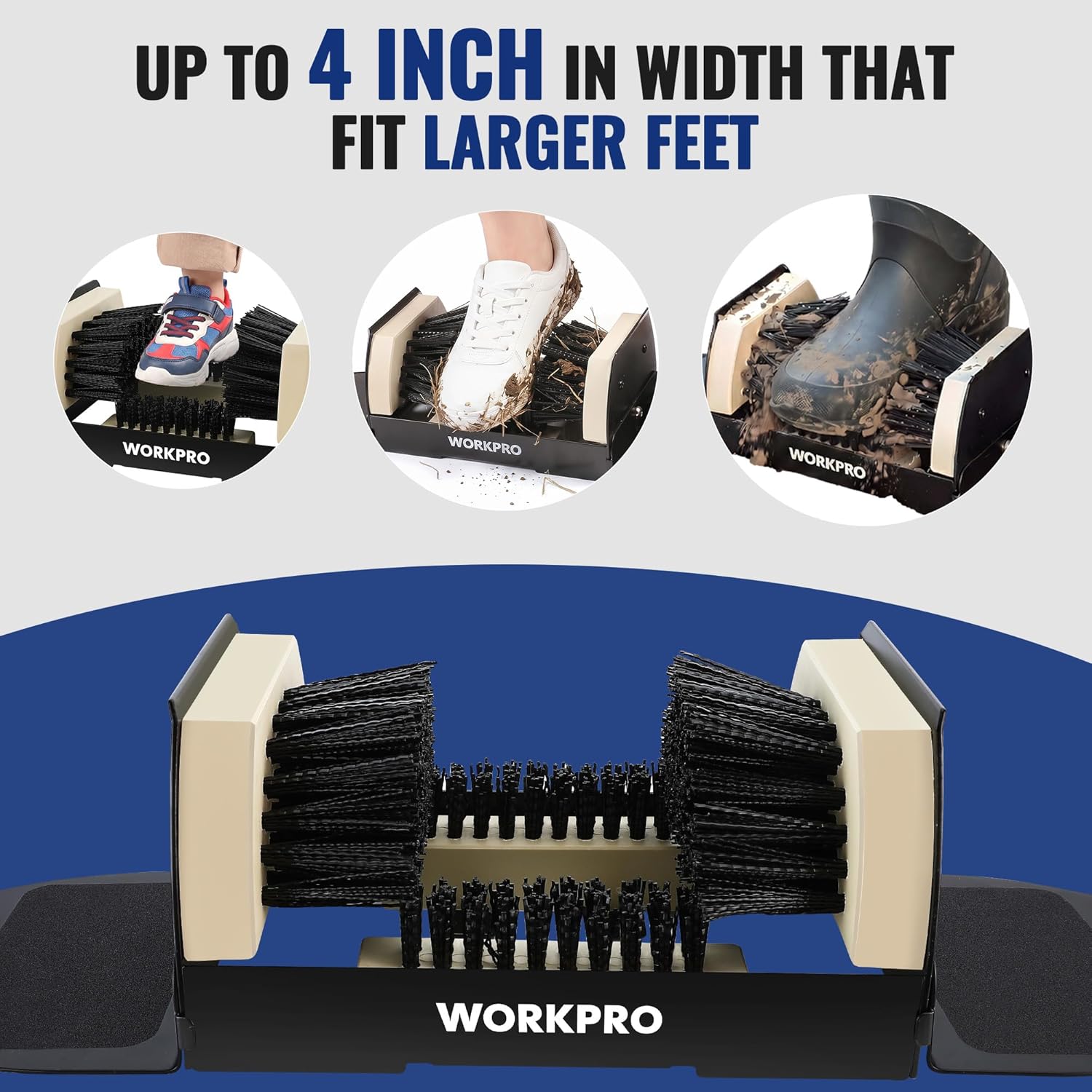 Extra wide boot scrubber brush with dense black bristles and two beige side guides