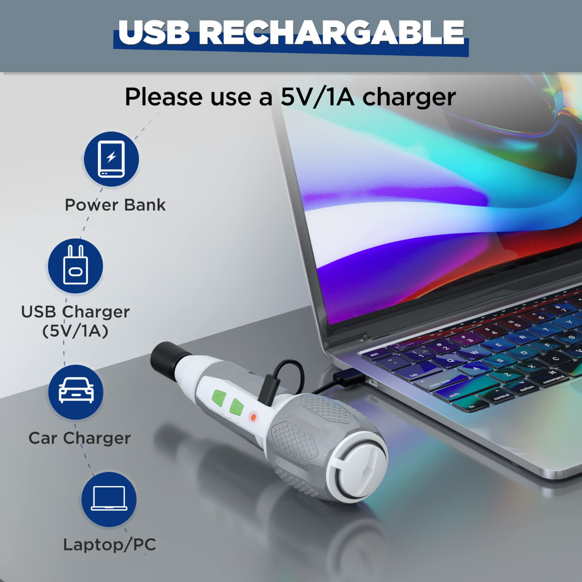 Pink USB rechargeable screwdriver shown with USB charging options for power bank and car