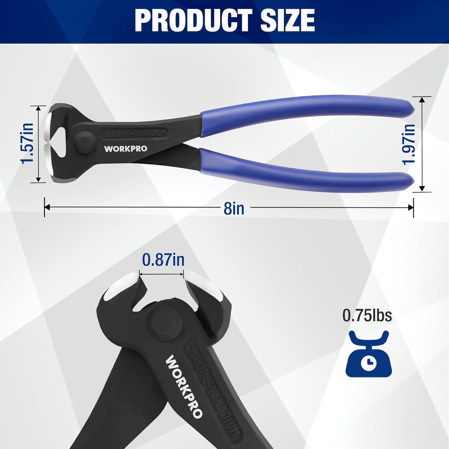 WORKPRO 8 in nail puller pliers, black jaws and blue handles, end cutting design