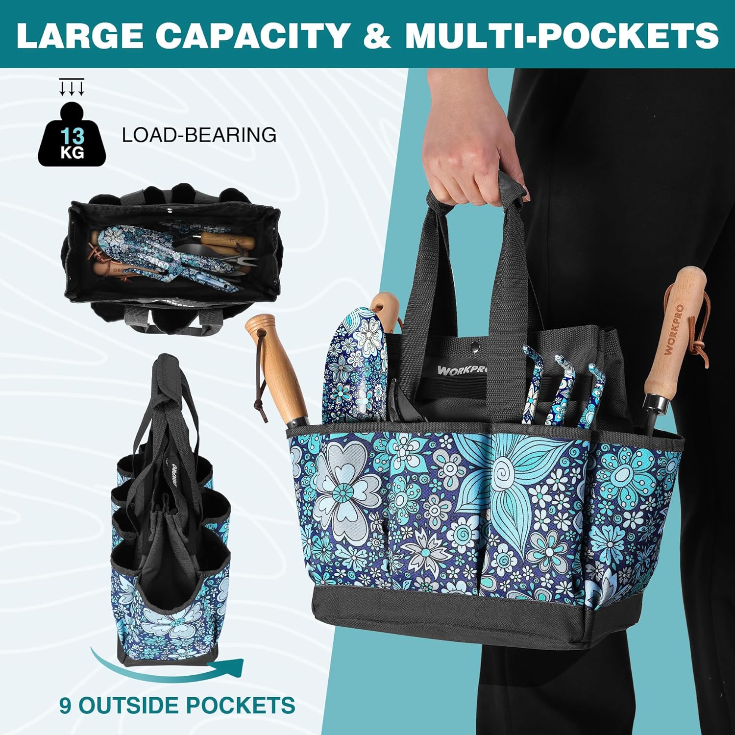 Floral blue garden tool tote bag with multiple outside pockets and wide carrying straps