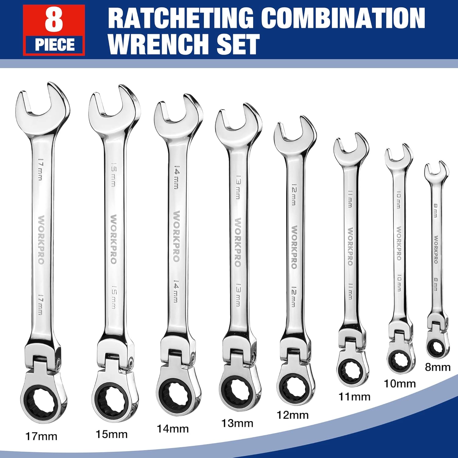 Eight-piece chrome ratcheting combination wrench set with metric sizes on the shafts