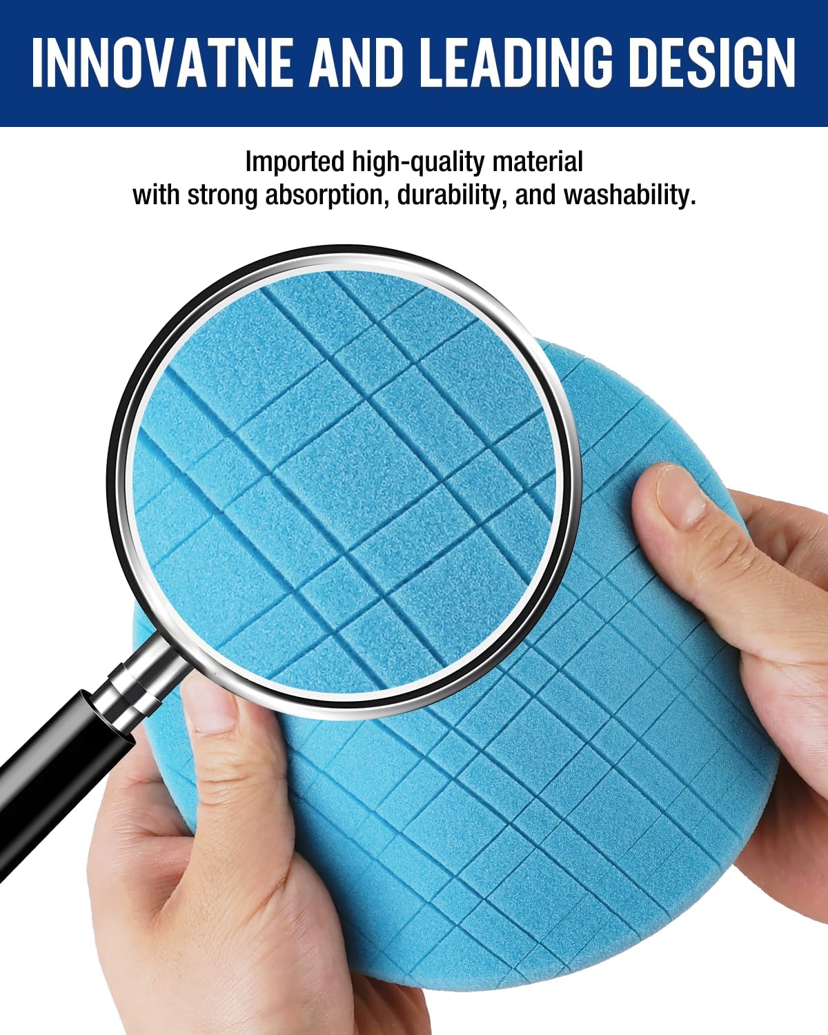 Blue 6.5-inch polishing sponge pad on a circular backing plate, held by hand.