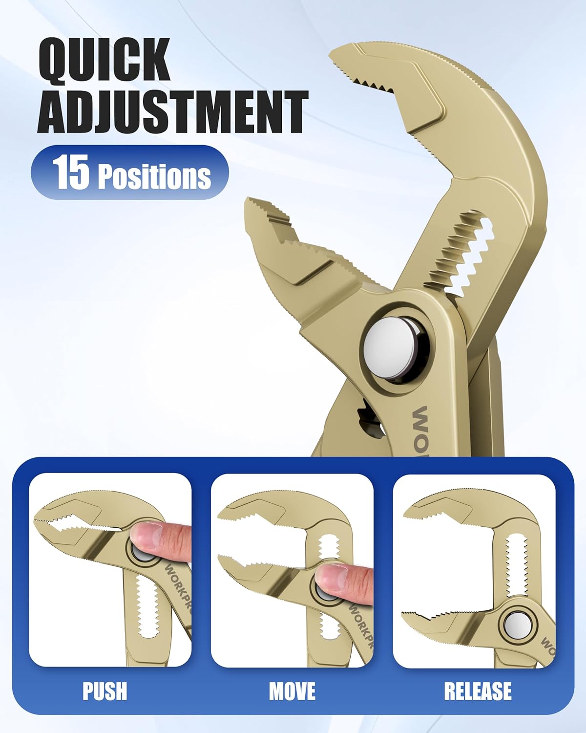 WORKPRO mini water pump plier showing 15-position style adjustment, champagne