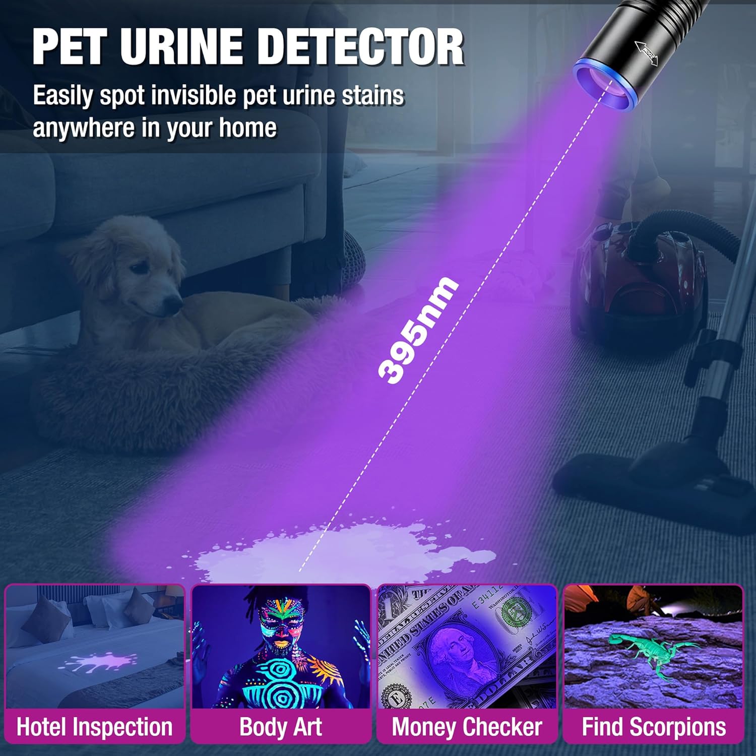 Black WORKPRO UV pen flashlight projecting a purple 395nm-style glow from the front lens