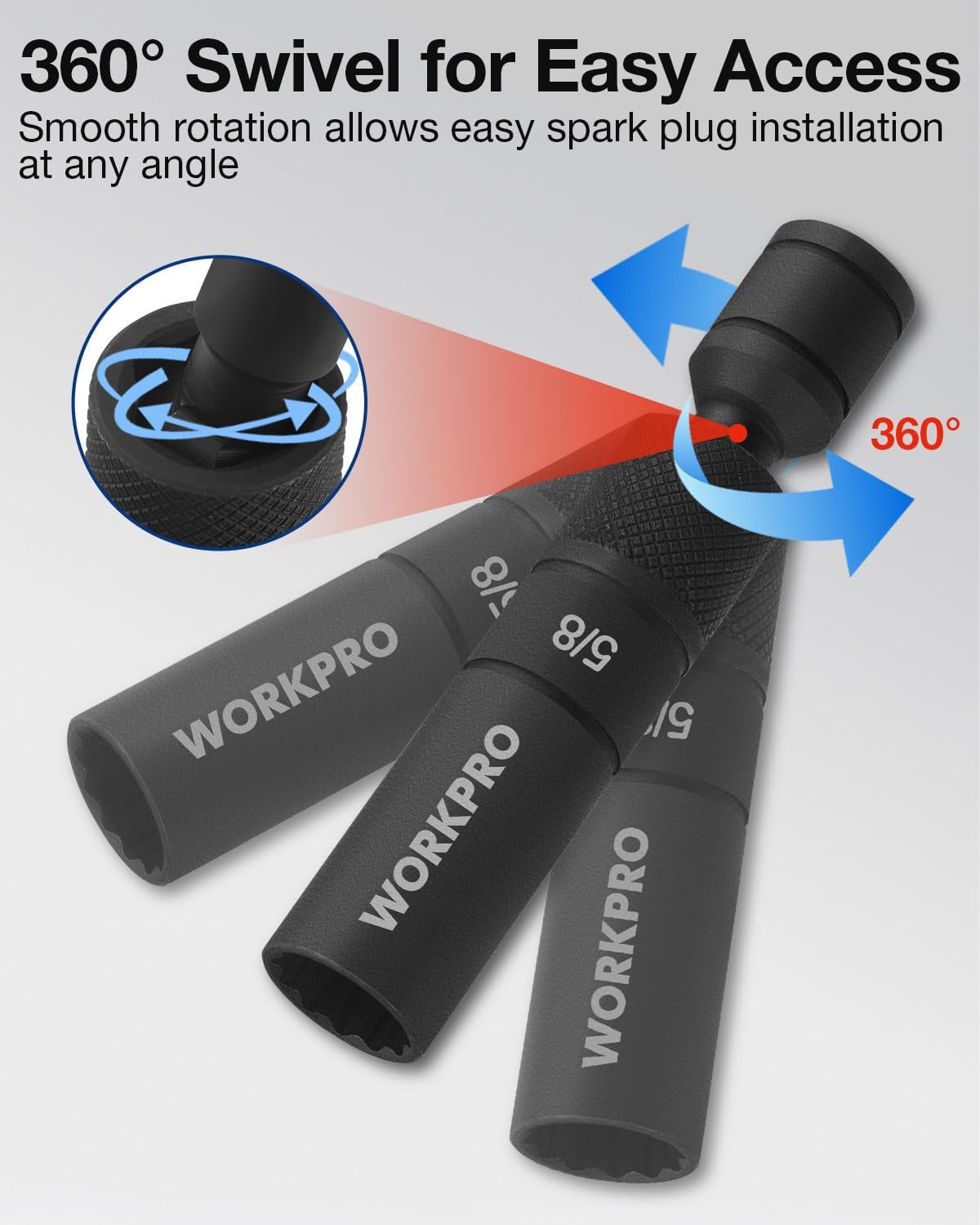 WORKPRO 5/8 in 360° swivel magnetic spark plug socket, knurled grip, black