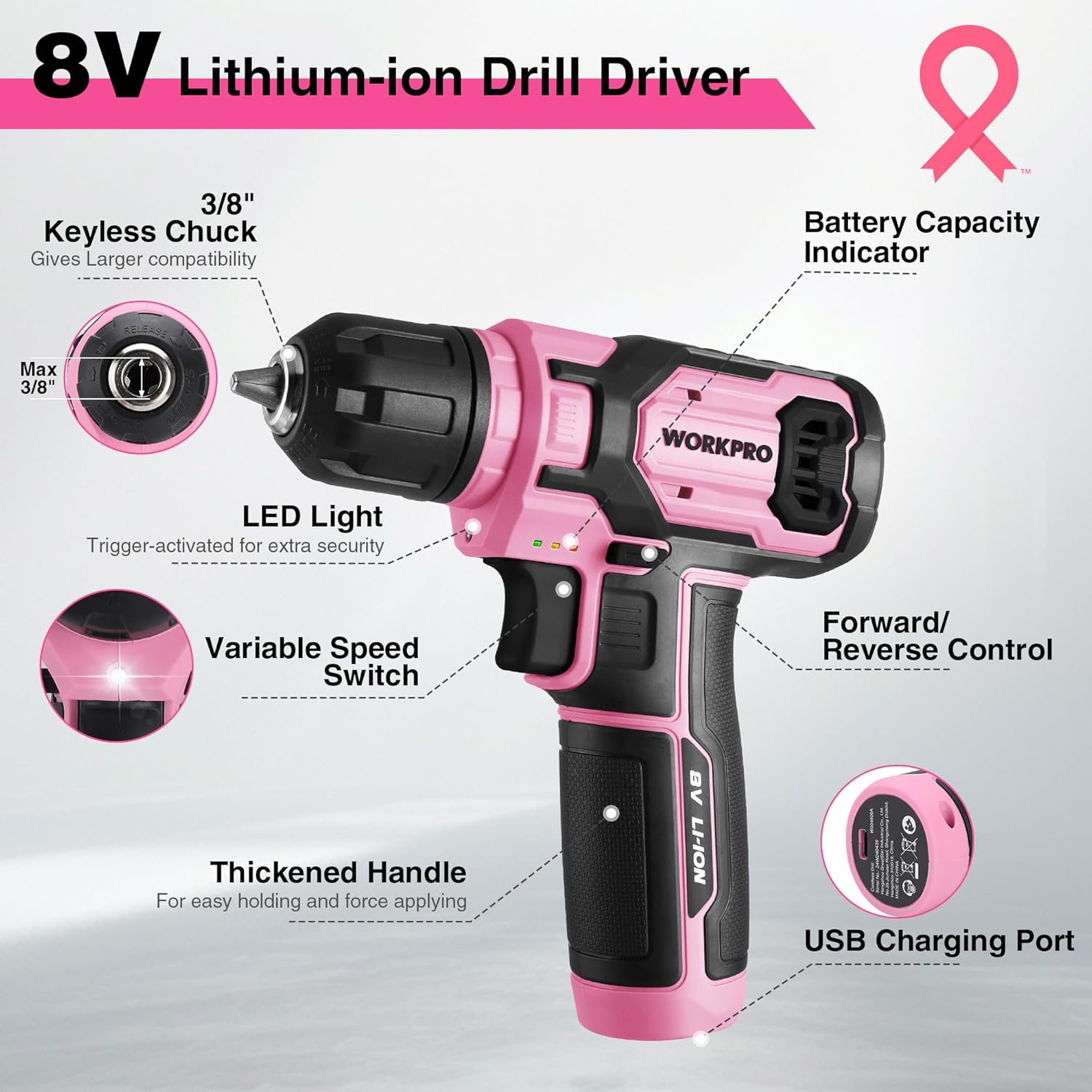 Pink 8V lithium-ion drill driver with keyless chuck, LED light, and forward/reverse control