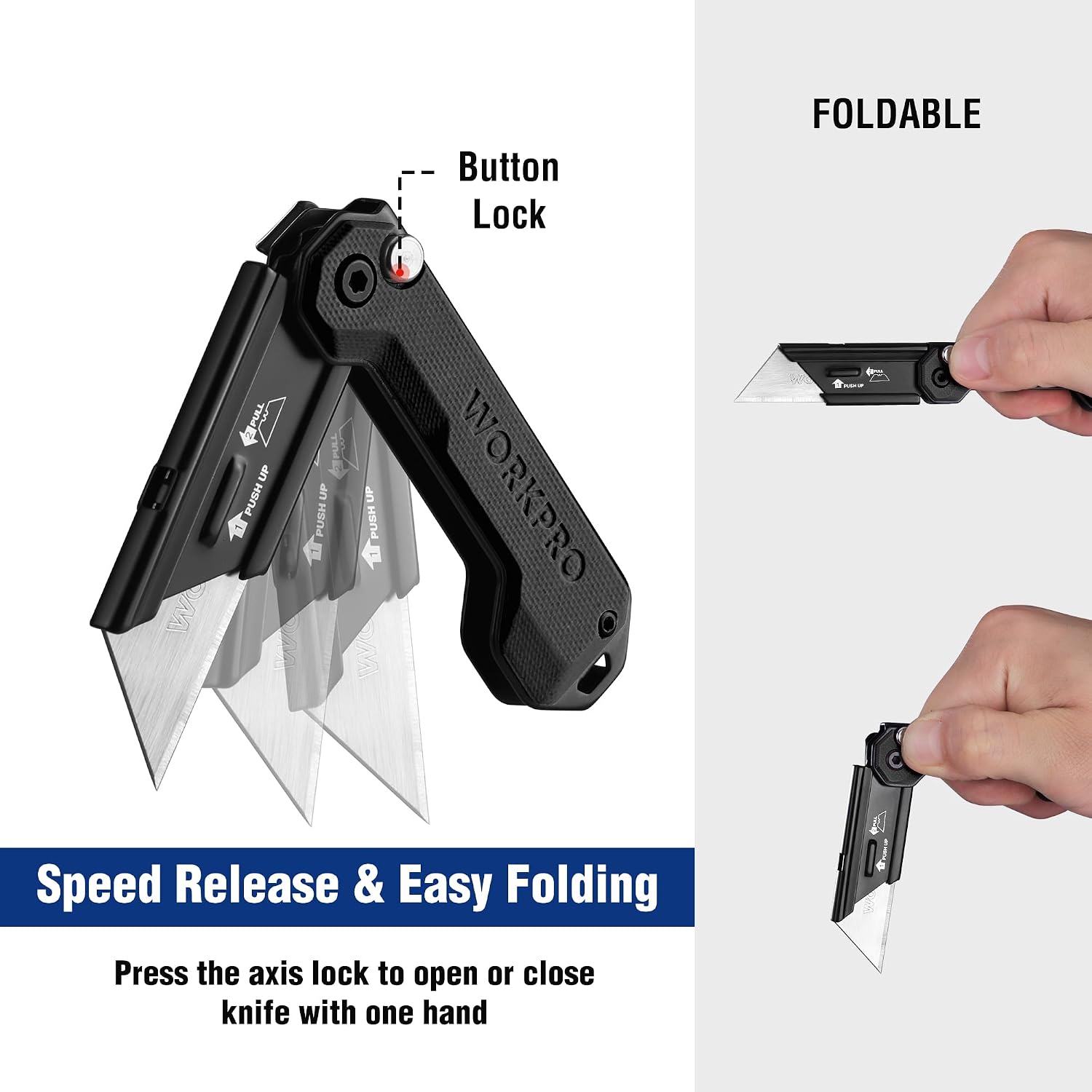 WORKPRO utility knife with button lock, open folding blade