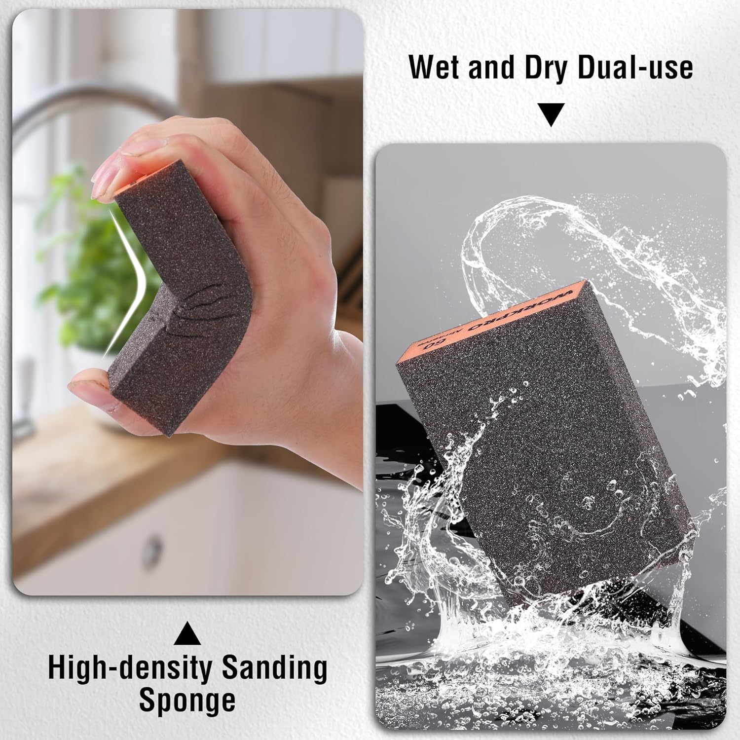 WORKPRO wet and dry sanding sponge, held in hand with dark abrasive face