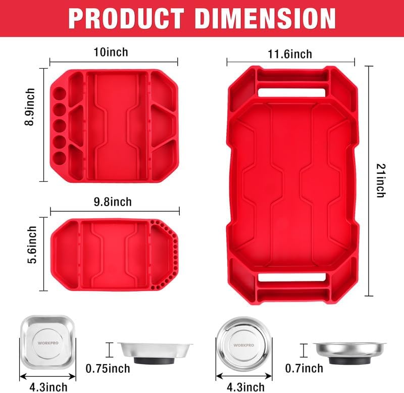 Red silicone tool tray set with size diagrams and round metal magnetic inserts