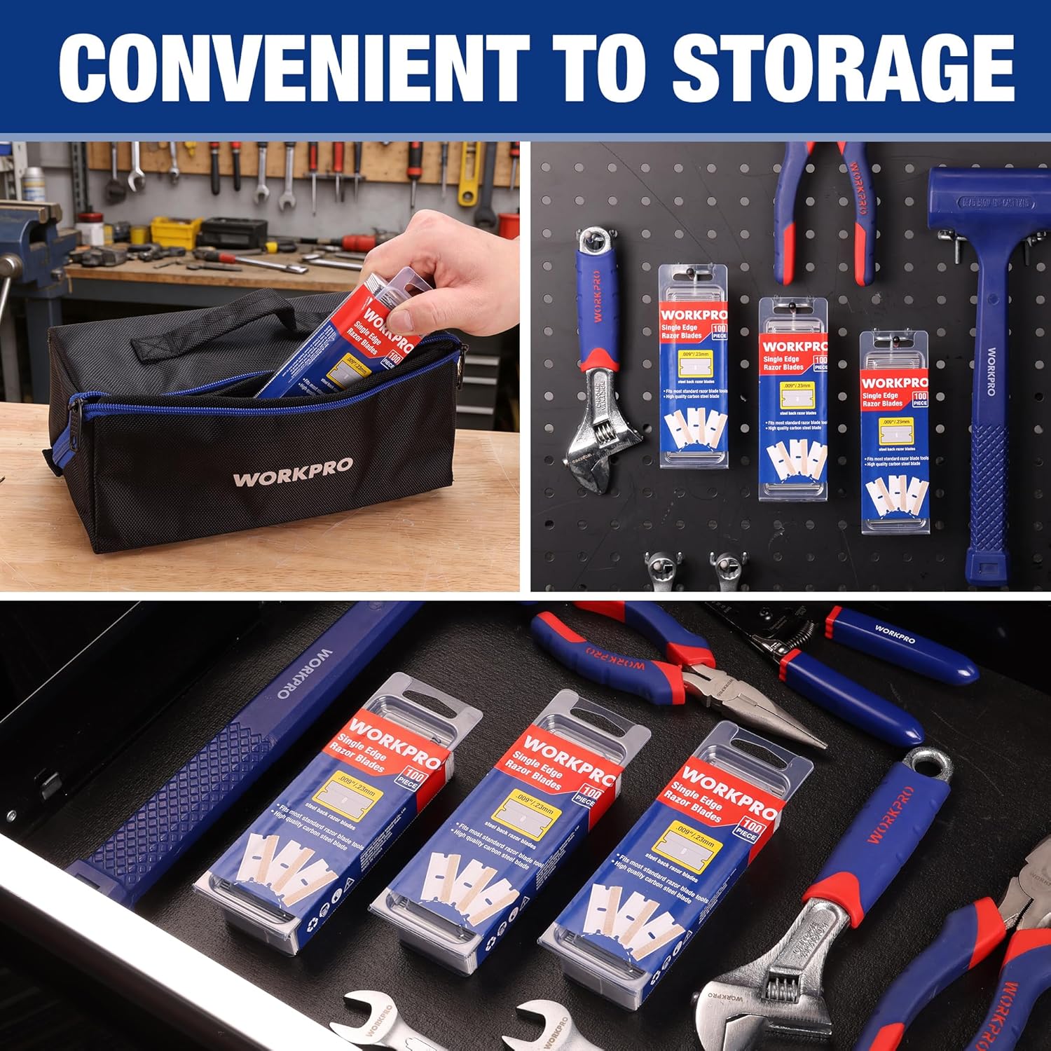 WORKPRO single-edge razor blade packs in a black storage bag and on a pegboard