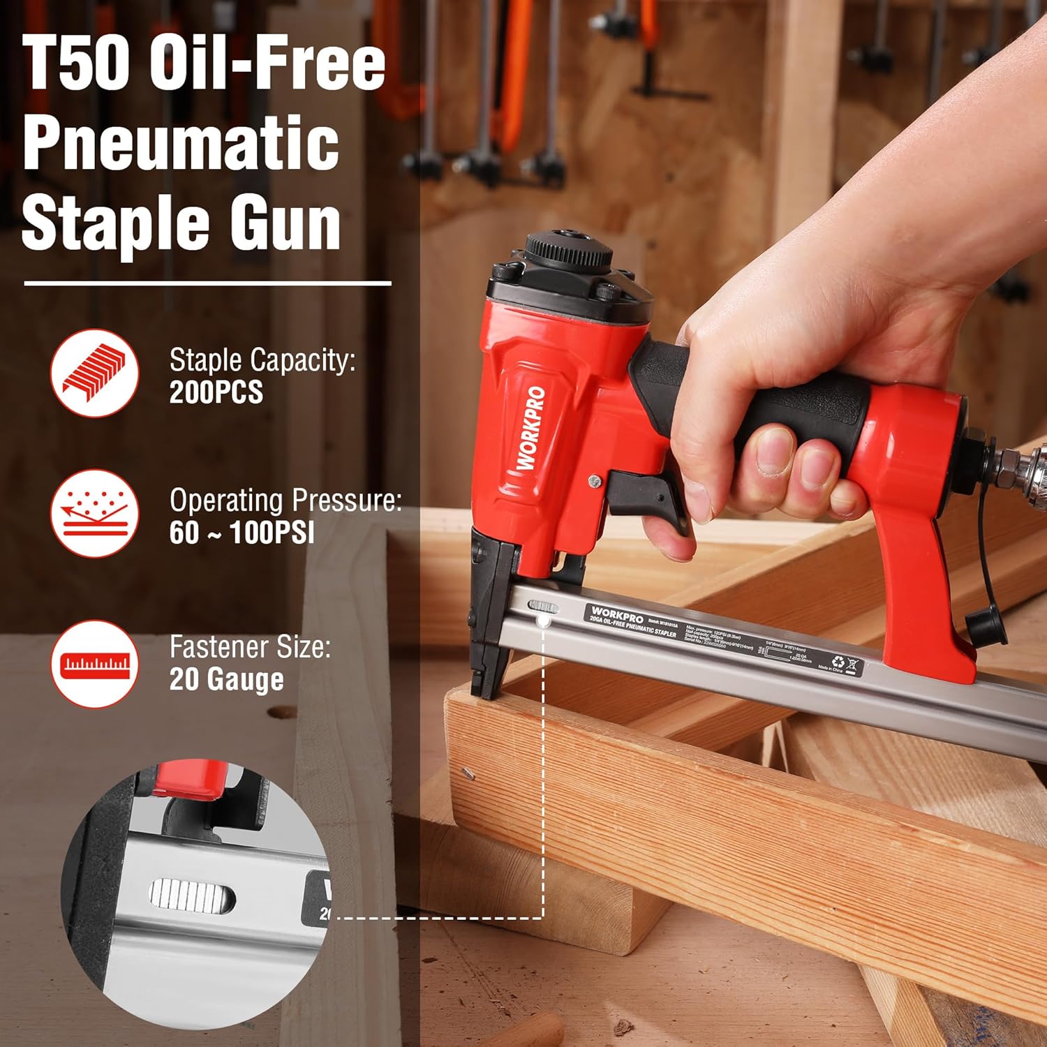 Pneumatic staple gun with red body and black handle, firing staples into wood trim