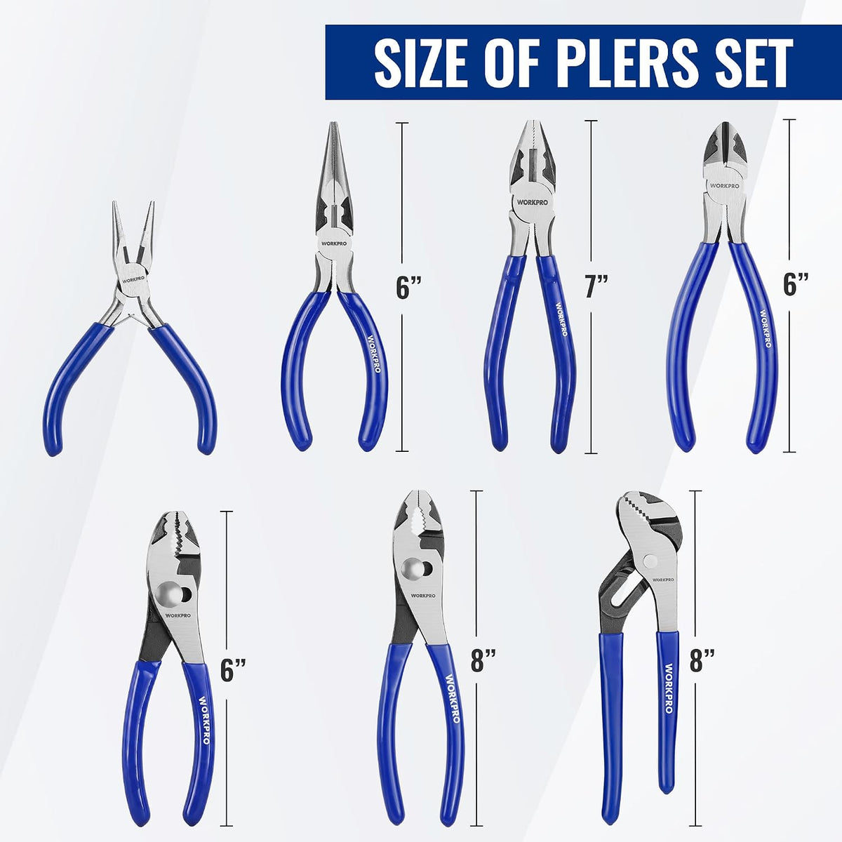 Workpro seven-piece pliers set with blue handles, assorted plier designs, and visible 6 to 8 inch size markings