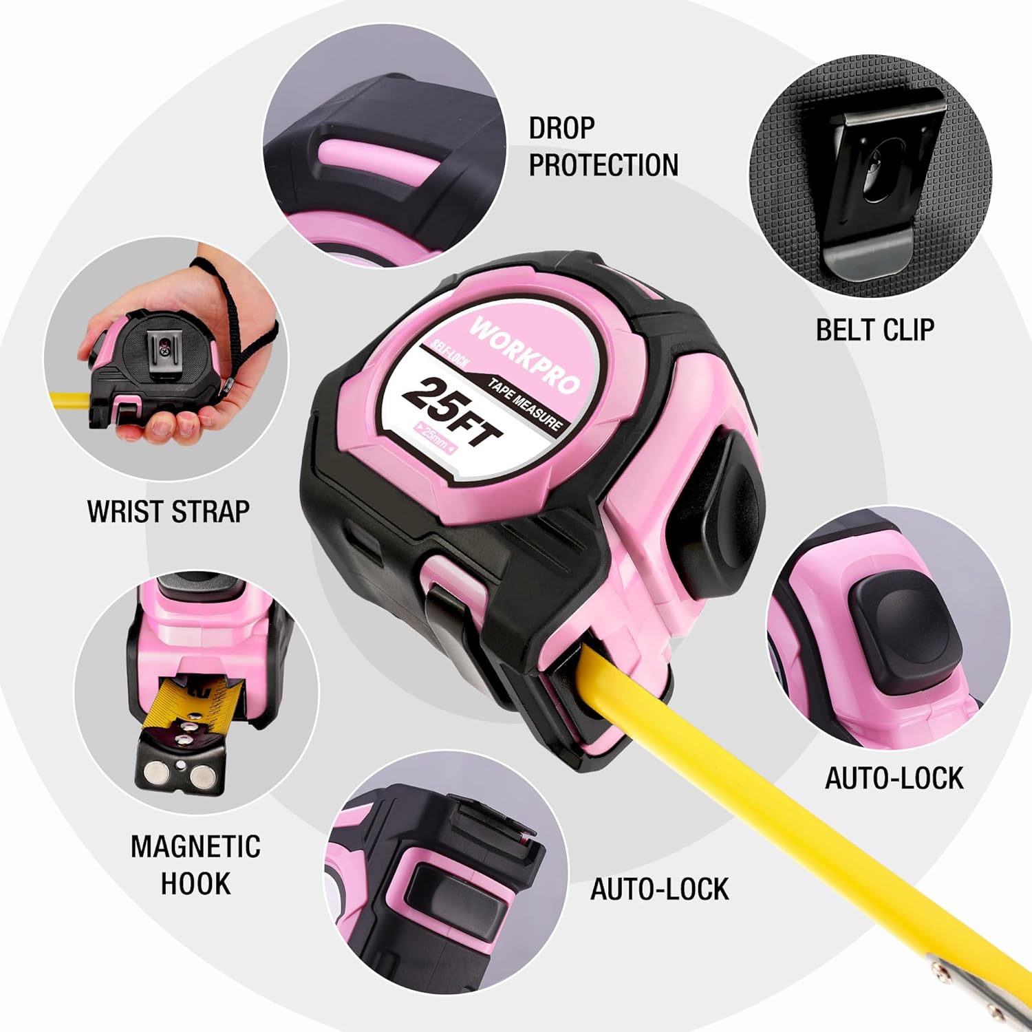 WORKPRO pink 25 ft tape measure with wrist strap, belt clip, auto-lock, and magnetic hook