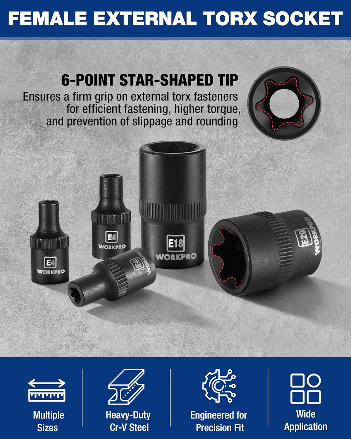 External E-Torx sockets with 6-point star tip, laser-marked sizes