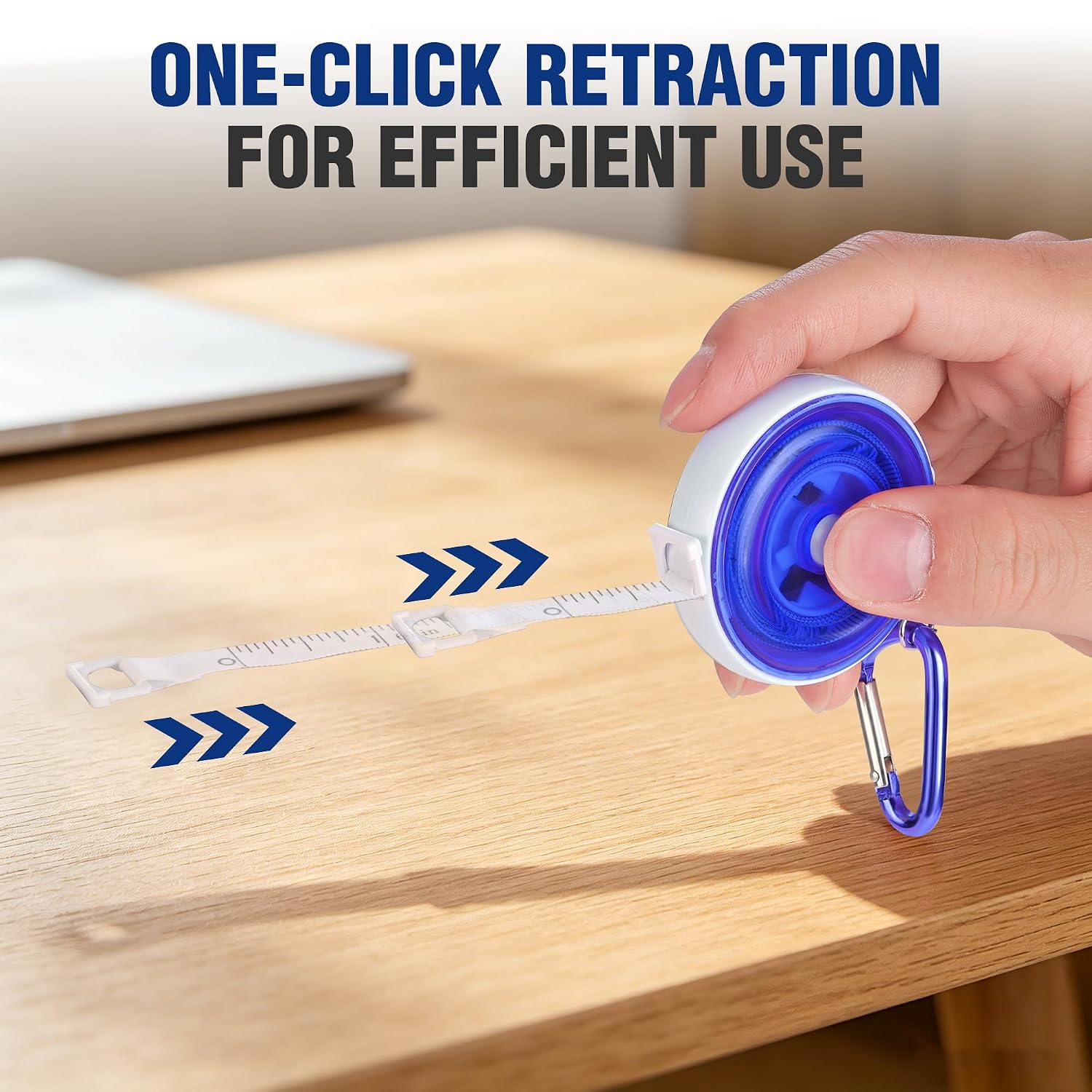 Hand holding a blue retractable tape measure with one-click retraction