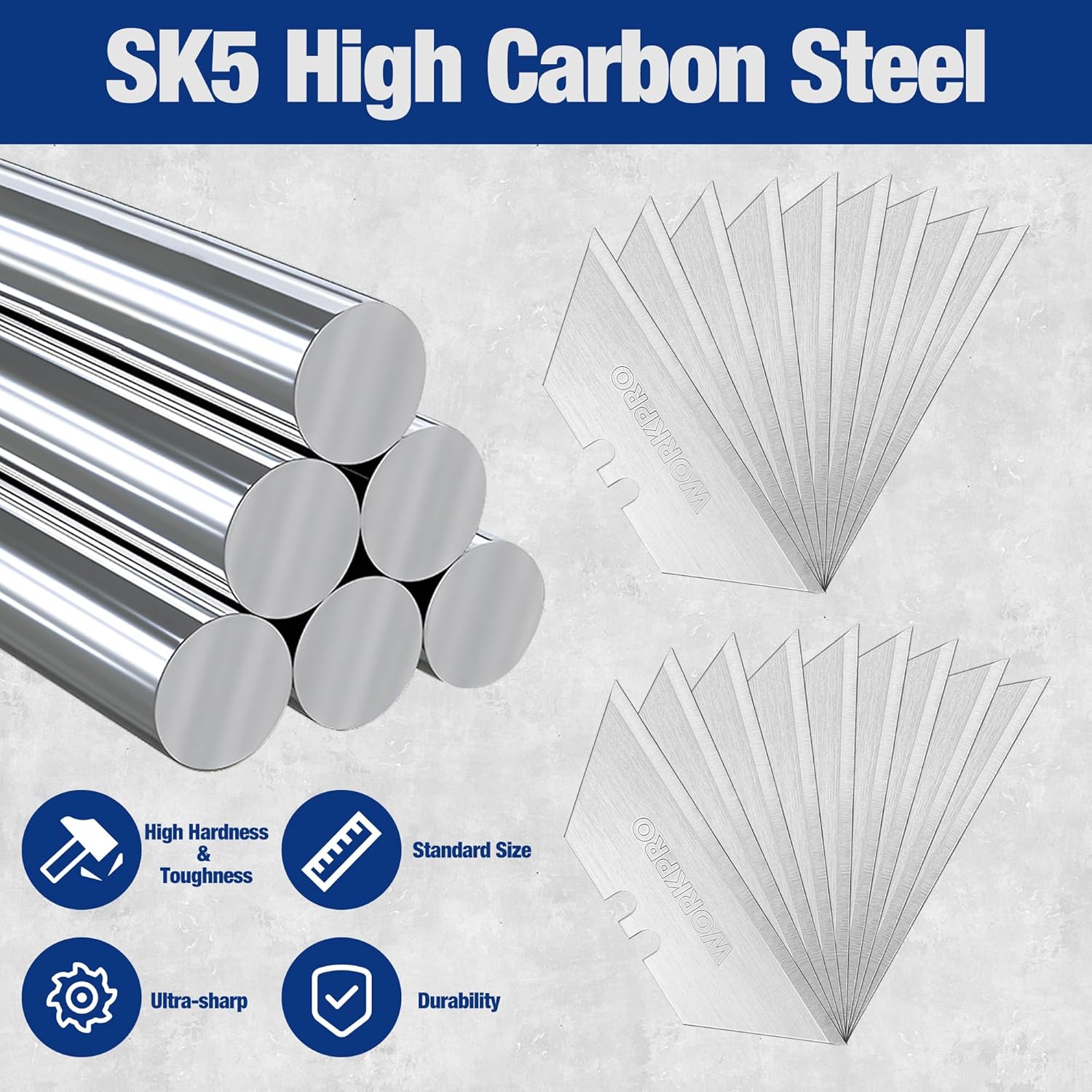 SK5 utility knife blades, fanned silver blades in a blade set