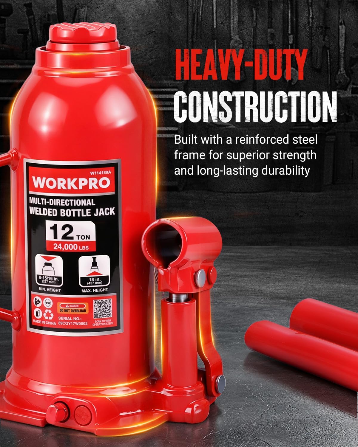 WORKPRO Bottle Jack, 12 Ton Heavy Duty Multi-Directional Welded Bottle Jack
