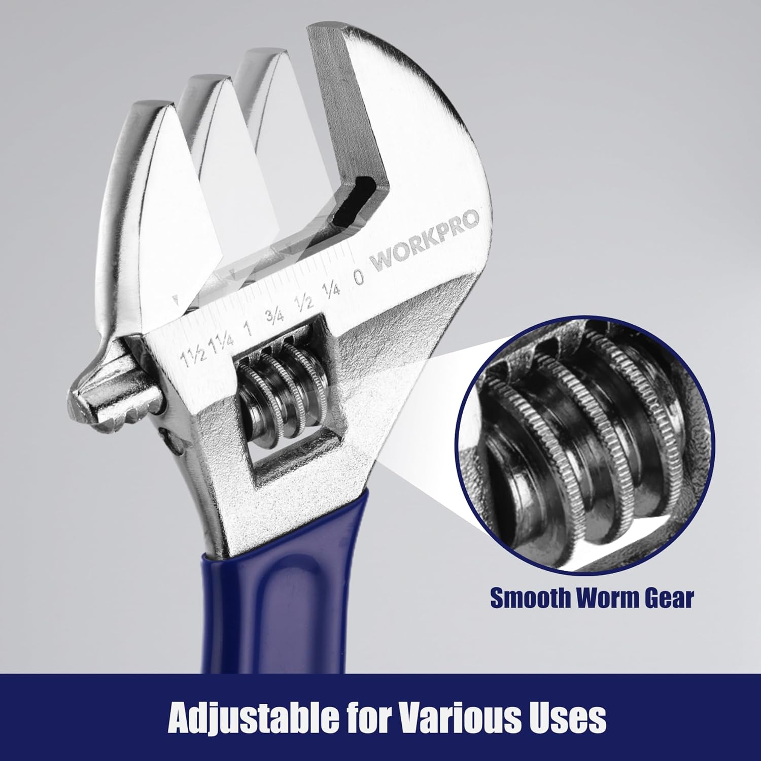 Chrome adjustable wrench with blue handle and close-up of worm gear threads.