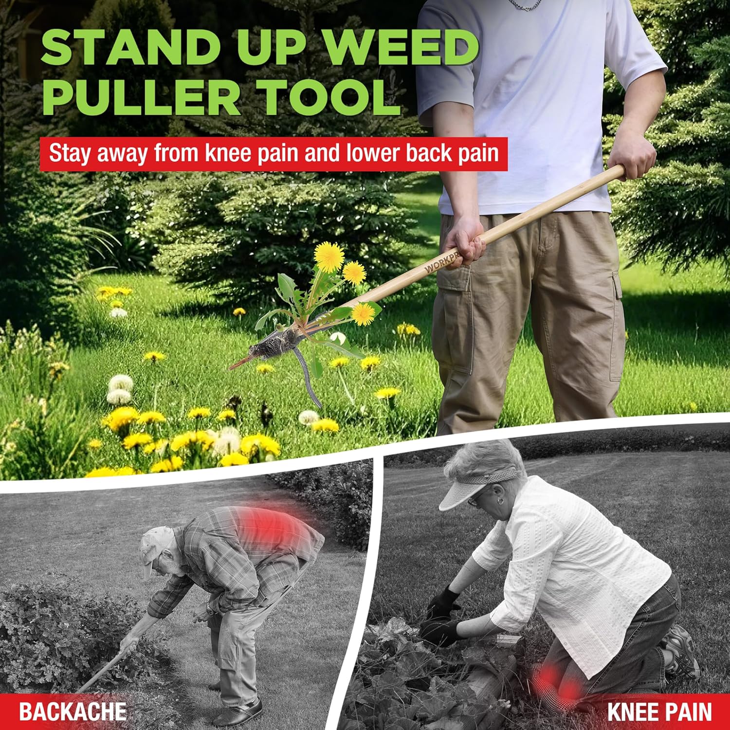 Stand-up weed puller tool with long bamboo handle and four-claw cast iron head