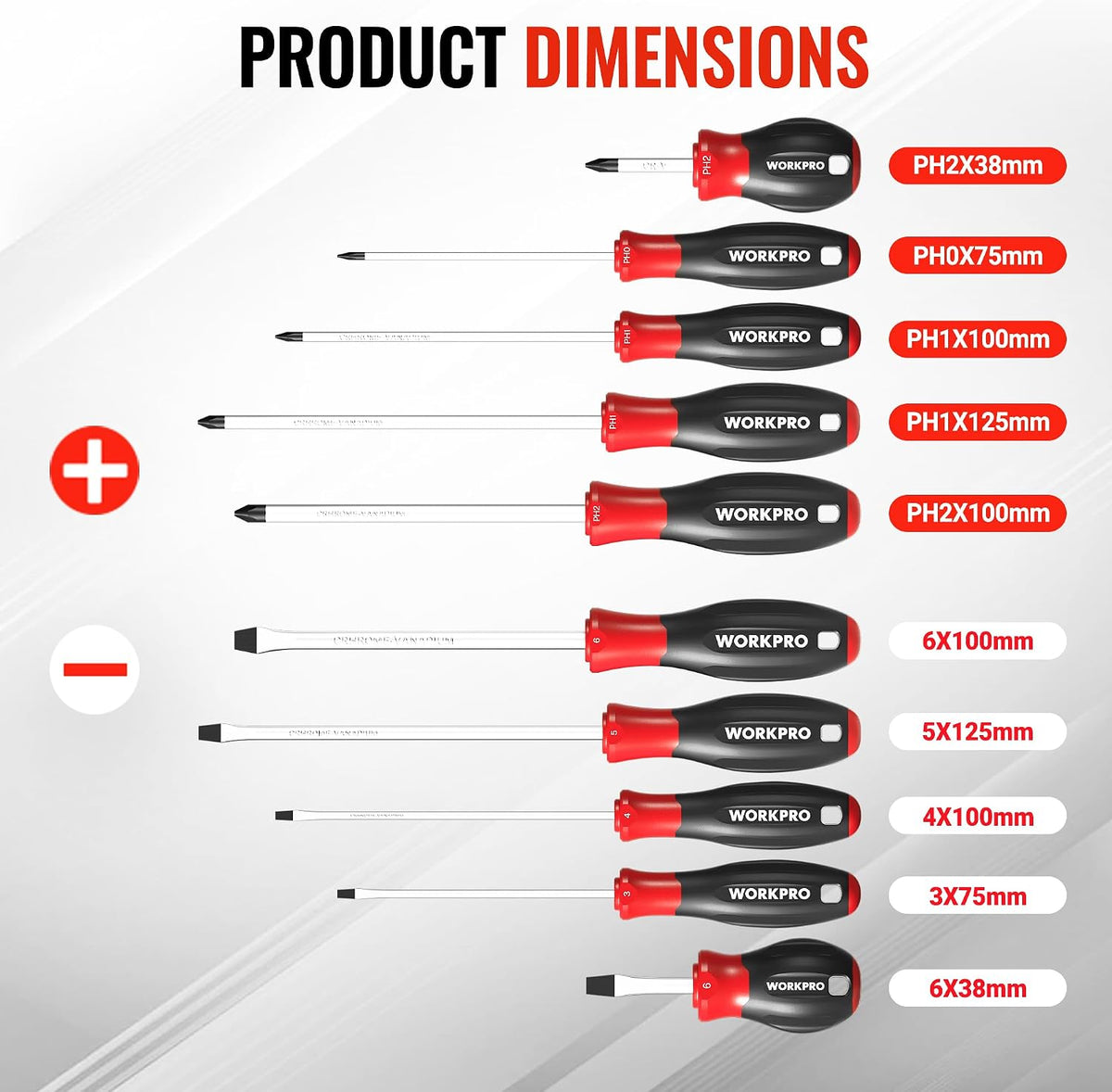 WORKPRO red and black magnetic screwdriver set with pouch, showing multiple PH bits and sizes on a product diagram