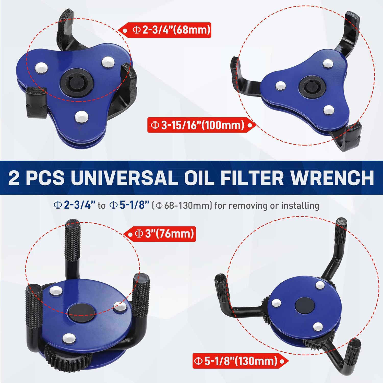 Universal blue and black adjustable oil filter wrench, oil filter removal tool