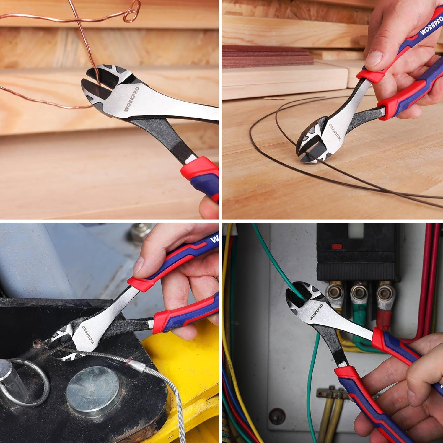 WORKPRO diagonal pliers cutting wire on a work surface with red-blue handles