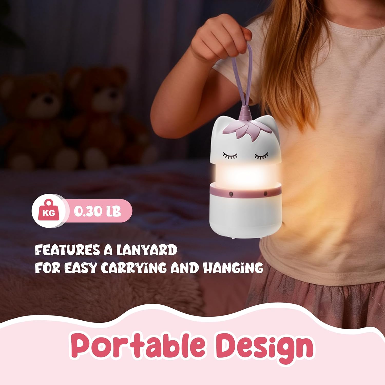 Unicorn kids lantern with lanyard and warm glow; portable white base with purple bow