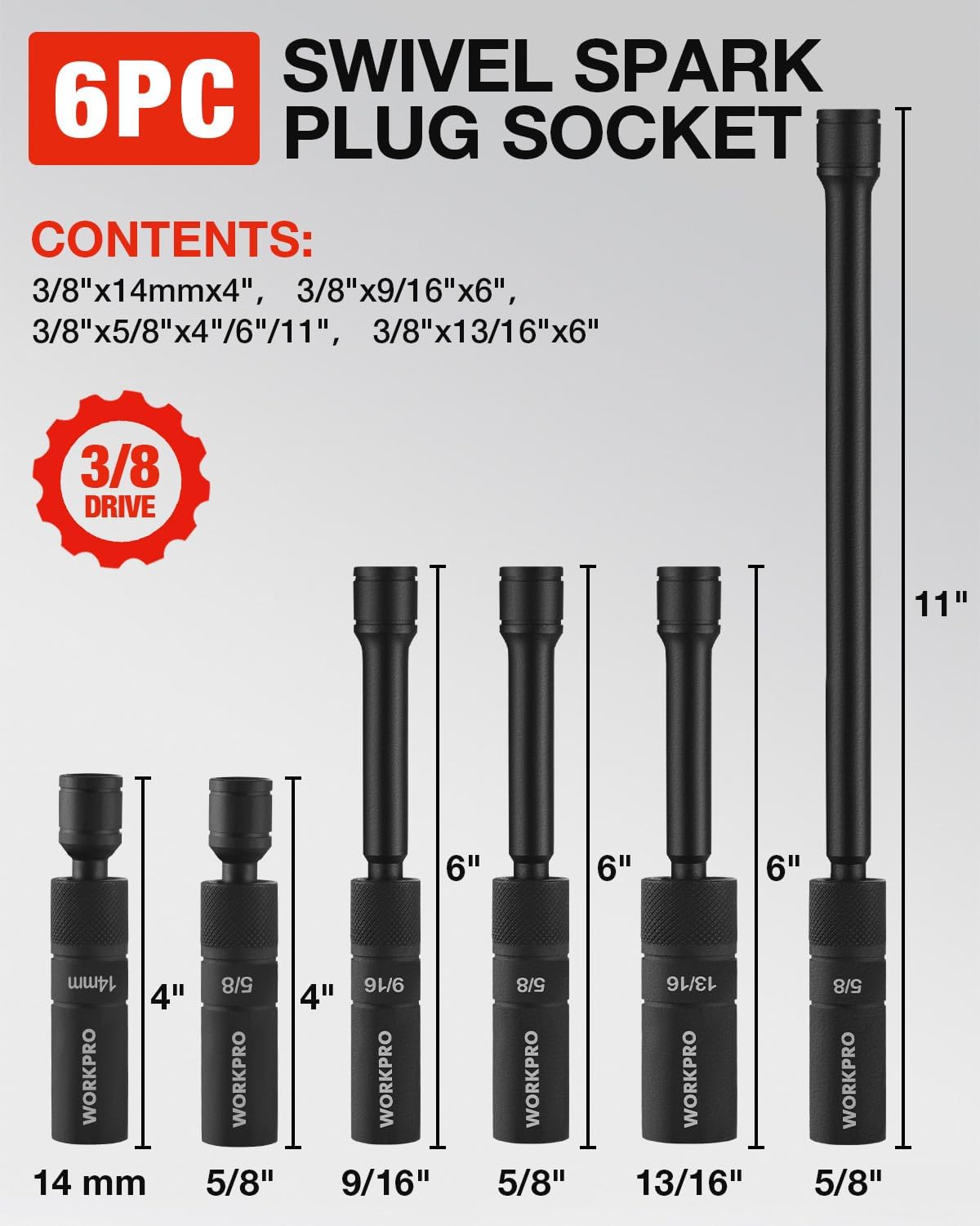 Black 3/8 in drive magnetic 12-point spark plug socket set with 4–11 in extensions