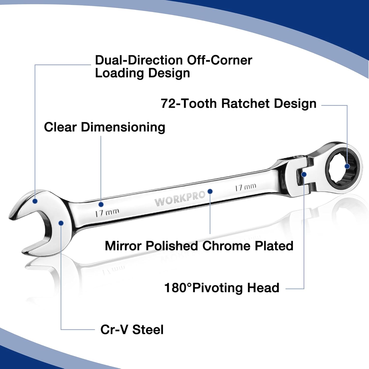 Chrome flex-head ratcheting combination wrench with 180° pivoting head and 72-tooth ratchet