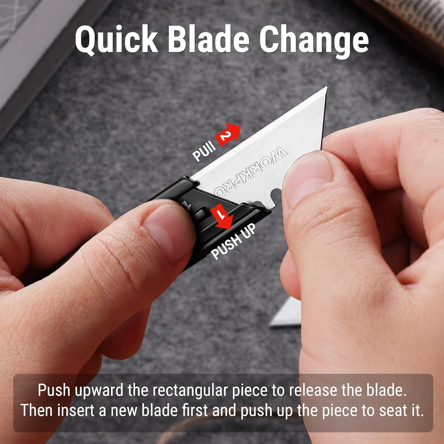 Quick blade-change folding utility knife with hands inserting replacement blade