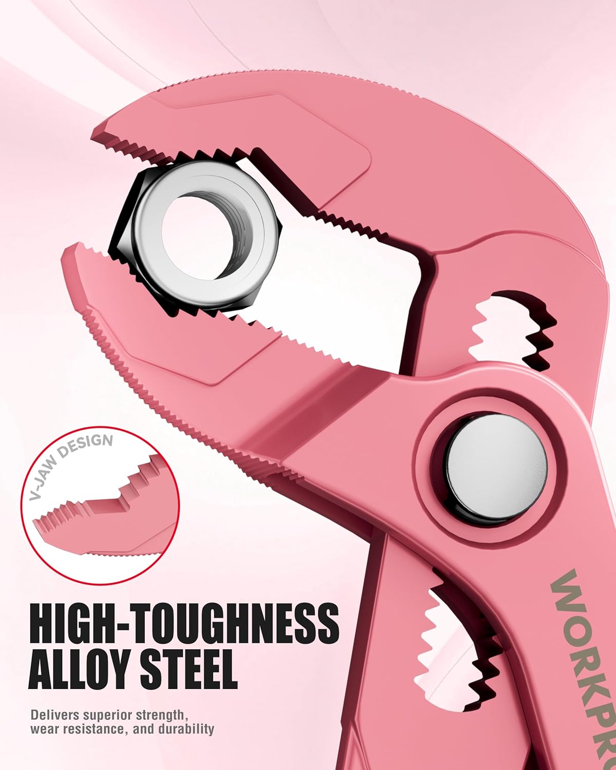 Pink mini water pump pliers showing serrated adjustment area and pivot ring