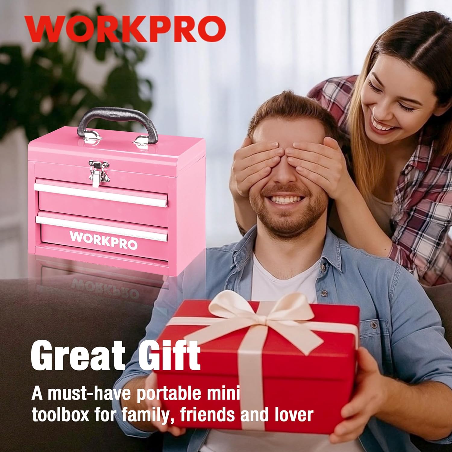 Pink mini tool chest with carrying handle near a wrapped gift box