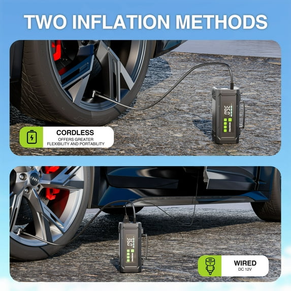 WORKPRO 12V portable air compressor connected to a car tire, digital display visible