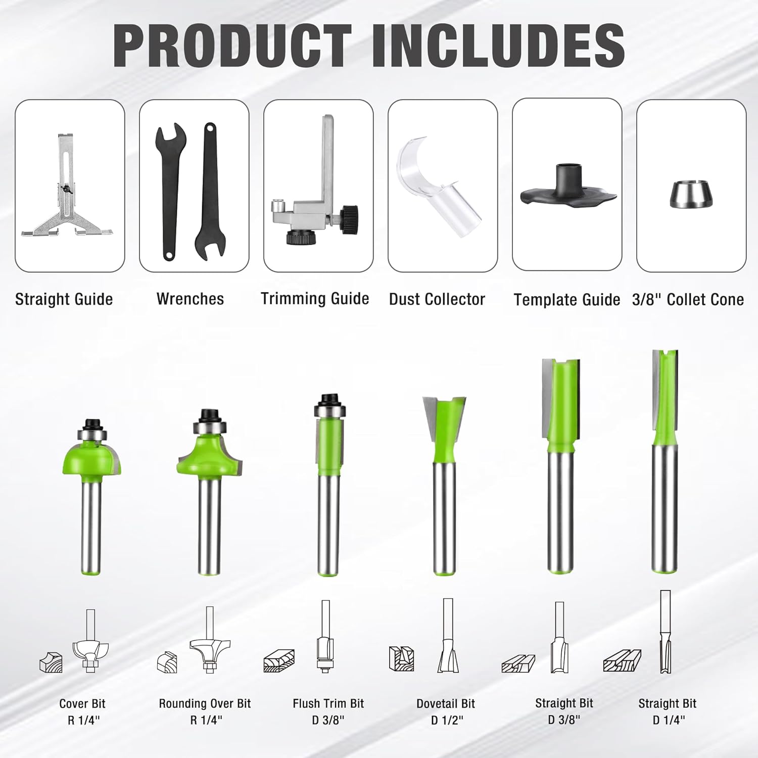 WORKPRO router kit accessories: straight guide, wrenches, dust collector, templates, and bits