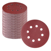 5-inch round sanding discs, dark red-brown, 8-hole dust extraction pattern