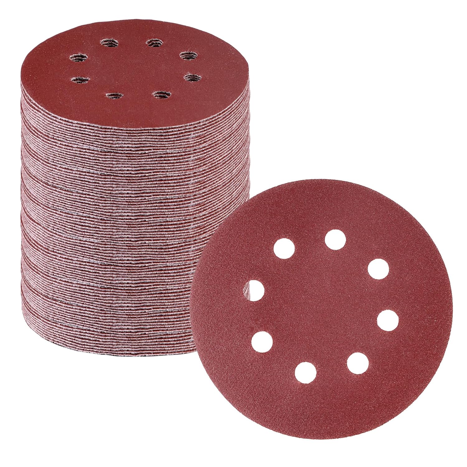 5-inch round sanding discs, dark red-brown, 8-hole dust extraction pattern