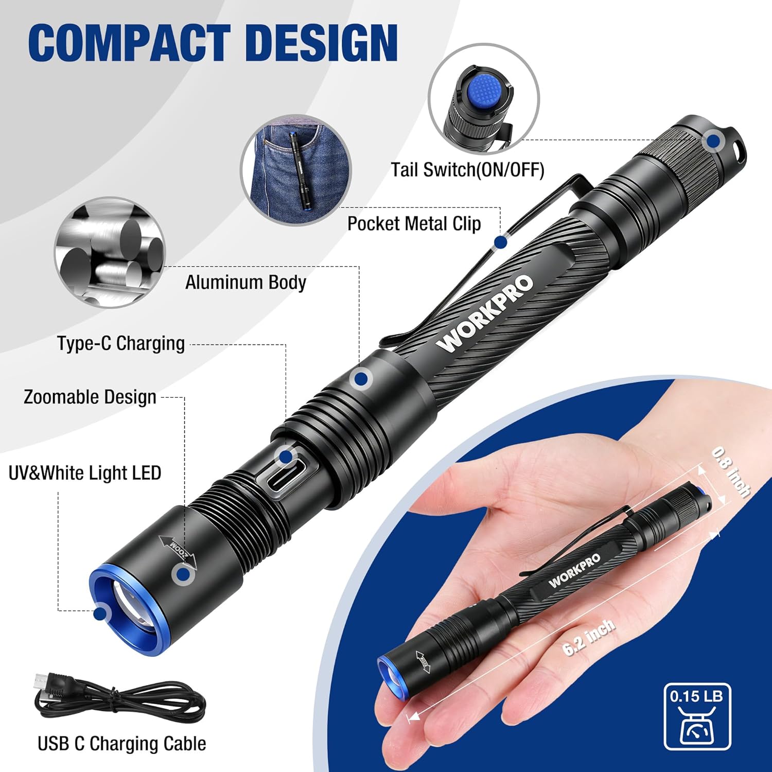 Black WORKPRO zoomable pen flashlight with pocket metal clip, tail switch, and USB-C cable